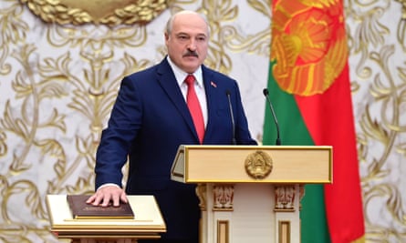 Alexander Lukashenko takes the oath of office during the inauguration ceremony.