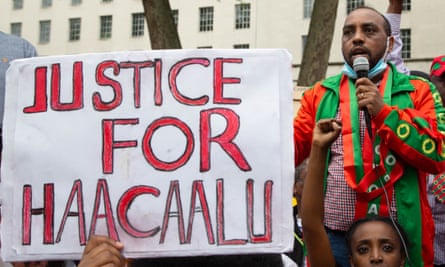 Protesters in London demand justice for Haacaaluu Hundeessaa.