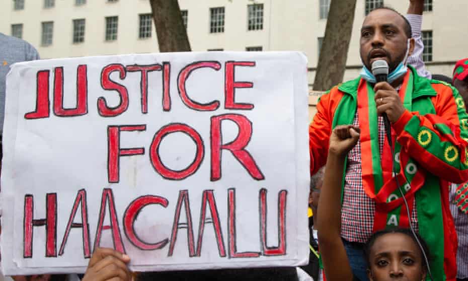 Protesters in London demand justice for Haacaaluu Hundeessaa. 