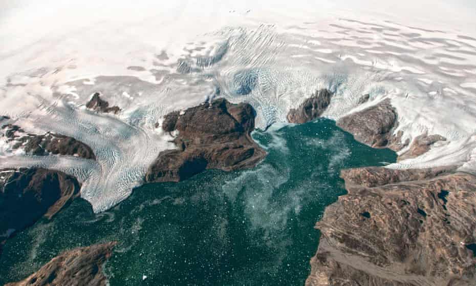 This NASA Earth Observatory file photo taken on September 22, 2016 and observed from the HU-25A Guardian aircraft shows the Bruckner and Heim glaciers where they flow into Johan Petersen Fjord in southeastern Greenland.