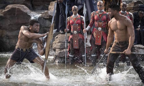 Chadwick Boseman, left, and Michael B Jordan face off in Black Panther.