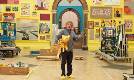 Grayson Perry at work in his sunshine yellow main gallery for the Royal Academy’s 2018 Summer Exhibition.