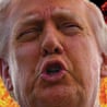 Photo illustration of Trump with lips pursed, speaking, with fire exploding behind him.