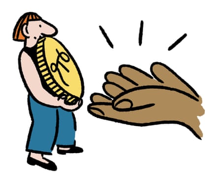 A woman holds a large gold coin, while a large hand gestures towards it