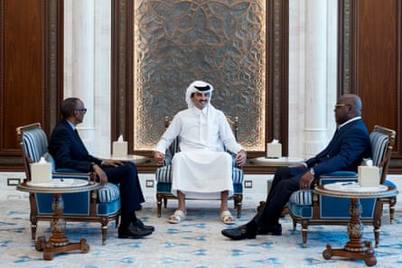 Qatar’s emir, Sheikh Tamim bin Hamad al-Thani meeting with Rwandan leader Paul Kagame, left, DRC president Felix Tshisekedi in Doha in March.