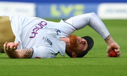 Ben Stokes grounds a catch that would have dismissed Nathan Lyon during the first Test at Edgbaston