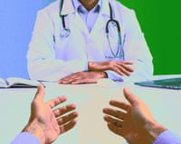 A patient gestures while talking to a doctor