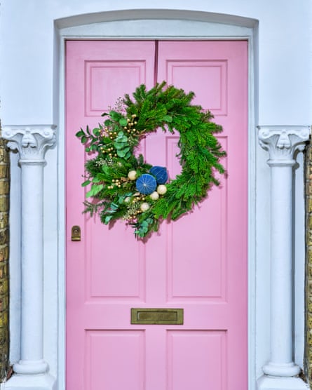 Sallie Smith’s handmade wreath, photographed on a pink front door. Photography By Amit Lennon Date: 18 Nov 2024