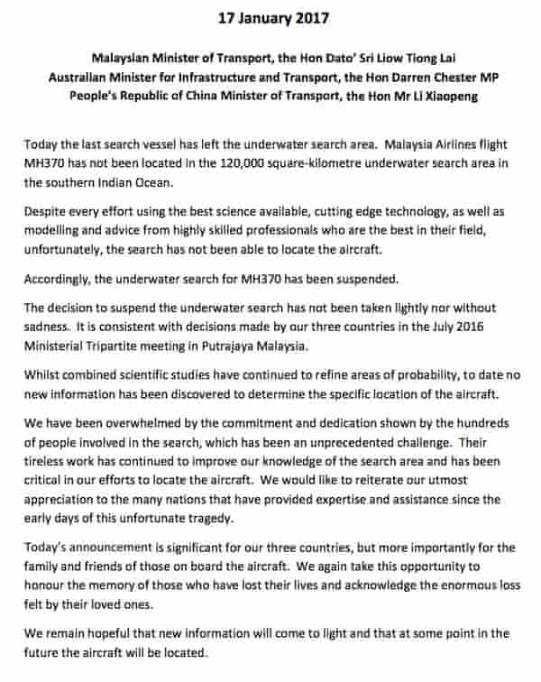 Statement on the suspension of the search for MH370