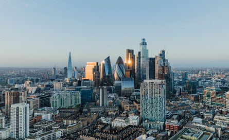 The City of London, office buildings, sunrise in the UK capital - elevated view