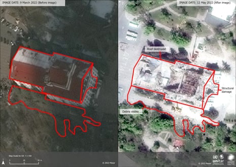 This satellite image provided by Maxar satellite imagery analysis via Unosat, shows the drama theatre of Mariupol, Ukraine, on 9 March 2022, left, and the same site on 12 May 2022.