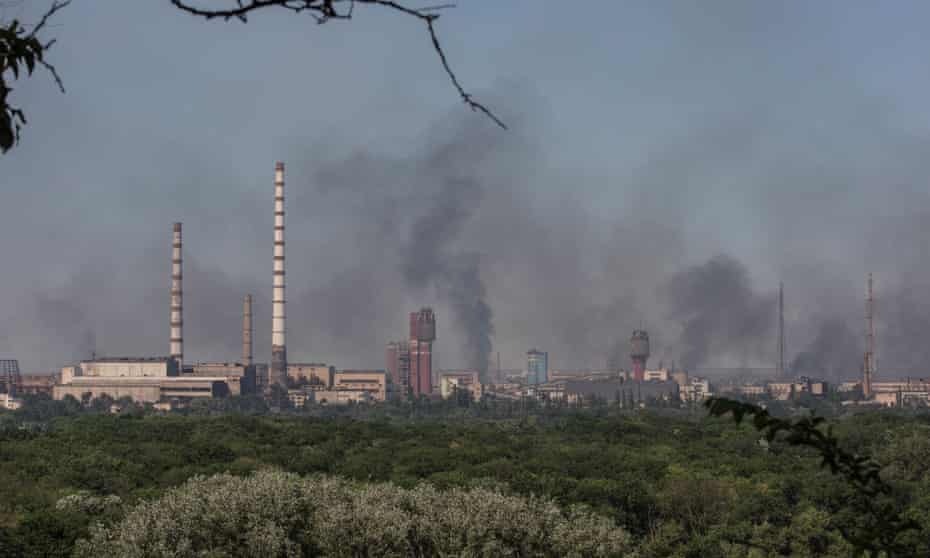 Smoke rises after a Russian strike on the Azot chemical plant in Sievierodonetsk, Luhansk region.