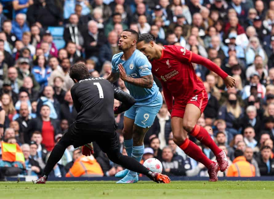 Manchester City v Liverpool: Premier League – live! | Premier League 5 Gabriel Jesus of Manchester City is sandwiched between Alisson Becker and Virgil van Dijk of Liverpool.