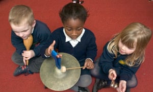 Children learning to play instruments in a school classroom