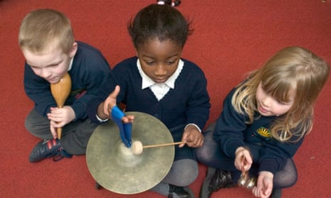 Children learning to play instruments in a school classroom