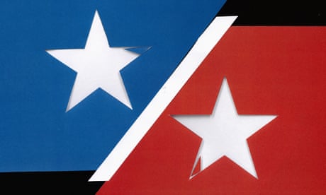 A illustration of a percentage sign with white stars instead of circles on top of a blue and red backdrop