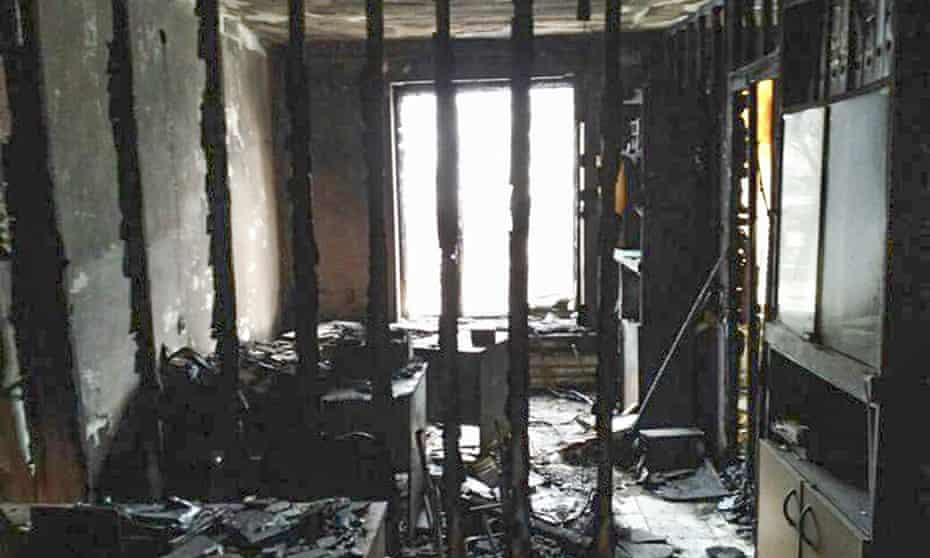 The charred offices of the human rights group Memorial in Nazran, Ingushetia.