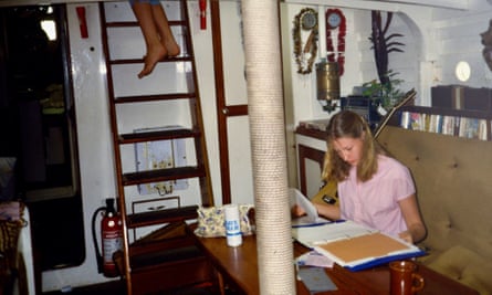Heywood attempting to study 1985 while en route to Fiji, 1985.