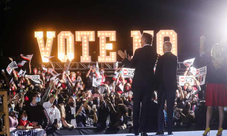 Gavin Newsom at a campaign rally with Joe Biden on Monday.