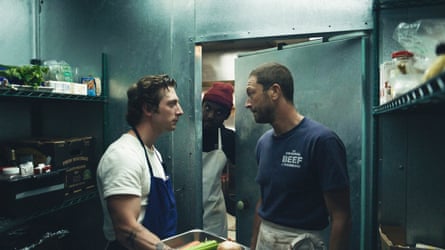 Jeremy Allen White as Carmy, Lionel Boyce as Marcus and Ebon Moss-Bachrach as Richie in The Bear.