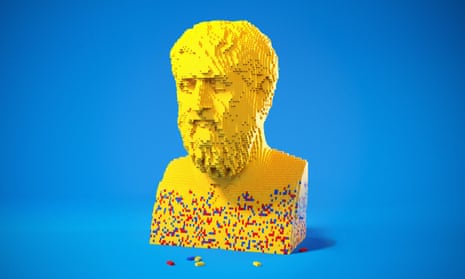 A bust of Plato made out of mostly yellow Lego bricks shot against a bright blue background