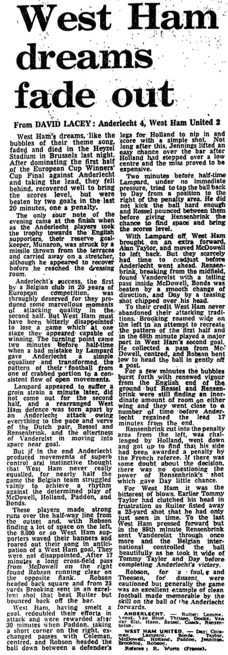 West Ham lose to Anderlecht – Guardian mach report by David Lacey, 6 May 1976