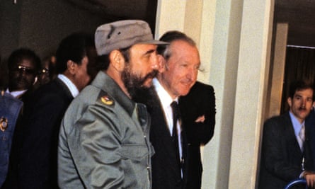 Castro is escorted by United Nations Secretary-General Kurt Waldheim, right, during his visit to address the UN General Assembly in New York in 1979.