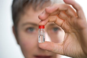 Elaine Lissner of the Parsemus Foundation with a vial of Vasalgel, a non-hormonal contraceptive for men.