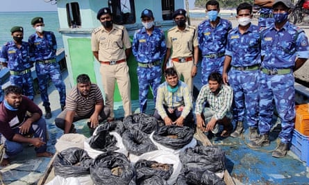 Lakshadweep marine wildlife protection force with a seizure of 486 dead sea cucumbers in March 2021.