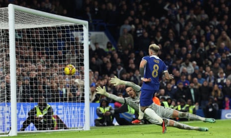 Enzo Fernandez sticks the ball home to extend Chelsea’s lead further.