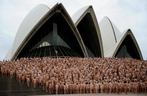  Sydney, Australia: Some of the 5,200 people taking part in the nude installation by artist Spencer Tunick entitled Mardi Gras:The Base, pose on the front steps of the Sydney Opera House, 1 March 2010.<br> 