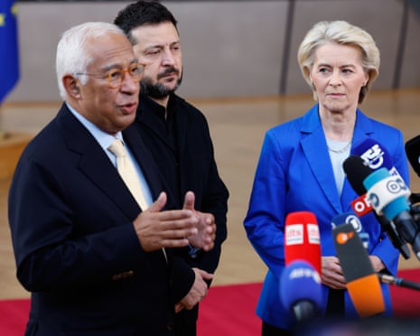 Costa, Zelenskyy and von der Leyen briefing journalists ahead of today’s meeting.