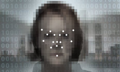 Concept image of a digitised face overlaid with a biometric facial recognition pattern