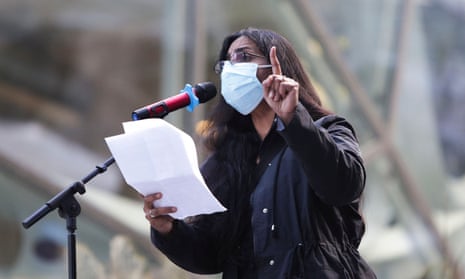 Seattle City Council Member Kshama Sawant speaks during a rally.