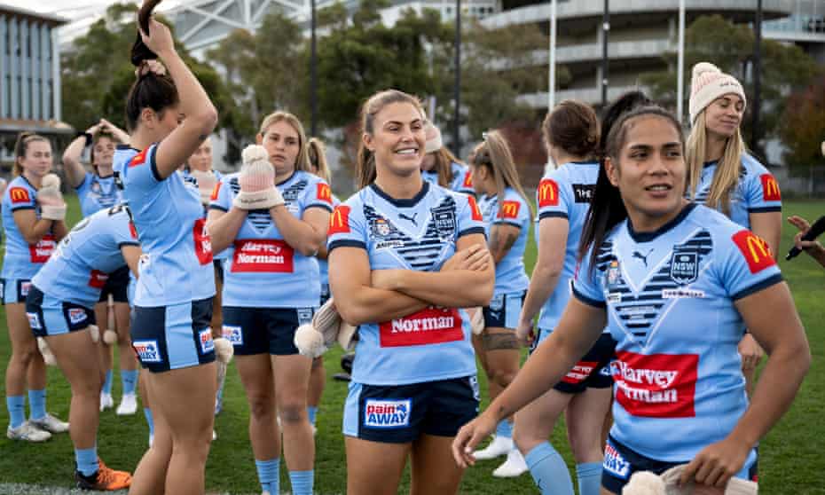 The NSW Blues prepare for a team photograph at Sydney Olympic Park before Friday’s Women’s State of Origin game against Queensland.