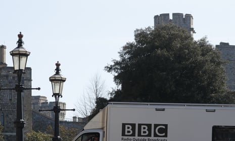 A BBC lorry enters Windsor Castle in preparation to cover Prince Philip’s funeral