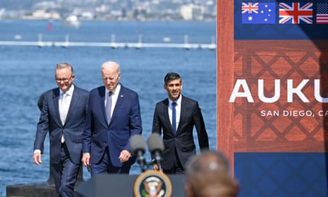 Australian prime minister, Anthony Albanese (L), with US president, Joe Biden, and UK PM, Rishi Sunak, at today’s Aukus announcement.