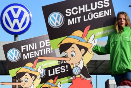 Activists at the headquarters of German car maker Volkswagen in Wolfsburg, Germany