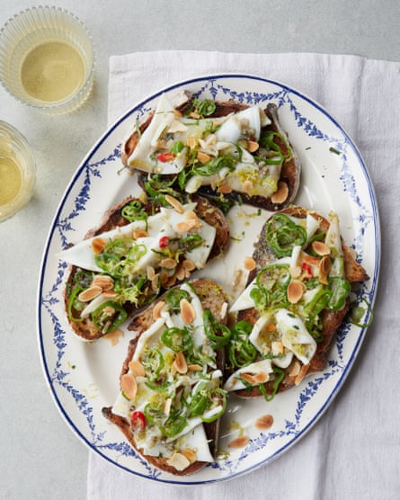 Emily Roux’s squid with padron peppers and toasted almonds.