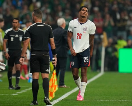 England's Jarell Quansah after receiving his red card.