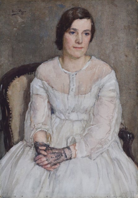 Woman on chair in white dress and pensive expression