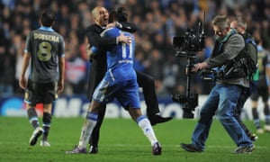 Interim Chelsea manager Roberto Di Matteo embraces Didier Drogba after their stirring Champions League win against Napoli in 2012.