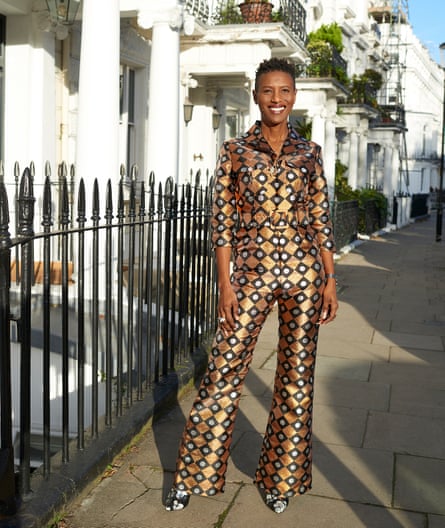 Renee Macdonald, founder of Lisou London, photographed outside her house in Notting Hill, in a gold patterned jumpsuit