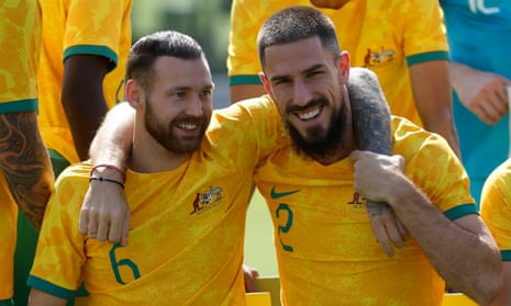 Australia's Martin Boyle and Milos Degenek before the team’s official World Cup photograph.