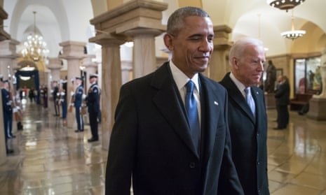 Obama with Biden at Trump’s inauguration in 2017. Obama also said a successful Biden administration ‘will have an impact’ on a deeply polarised political landscape.