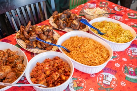 chicken wings, jollof rice, fried rice and assorted meats.