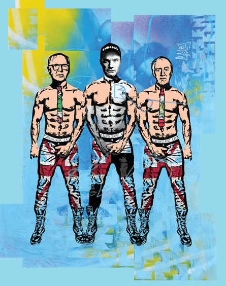 Spray painted portrait of Gilbert & George and Enlesss with them all holding their crotches
