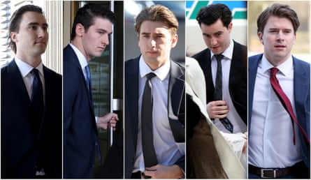 A composite image of the five defendants.