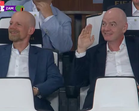 Fifa President Gianni Infantino (right) and his No 2, the Fifa secretary general, Mattias Grafström at the Malawi v Zambia Wafcon group game.