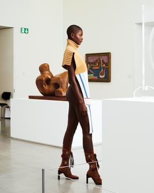 Model in front of Henry Moore and Roger Fry artworks at JW Anderson exhibition at Hepworth Wakefield